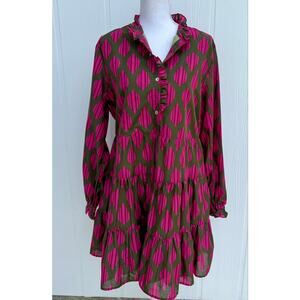 J. Marie women’s boutique sz Lg geometric dress olive green & pink preppy